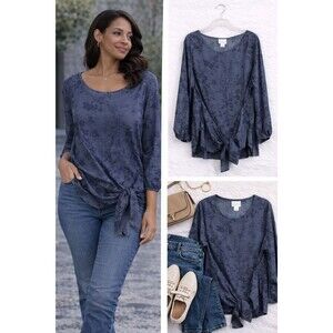 Liz Claiborne Chambray Top Large Floral Front Hip Tie 3/4 Sleeve